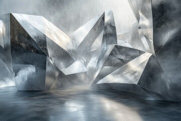 Poster - Abstract metallic geometric shapes form a misty, cavernous space.