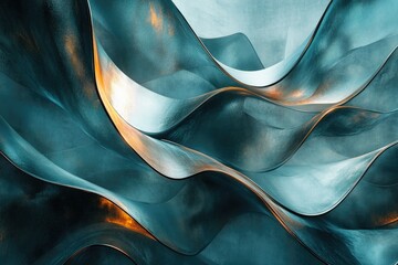 Aufkleber - Abstract teal and gold metallic waves flowing dynamically, creating a luxurious and elegant visual.