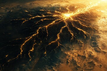 Aufkleber - Glowing river-like structures illuminate a dark, rocky landscape, possibly volcanic or extraterrestrial.