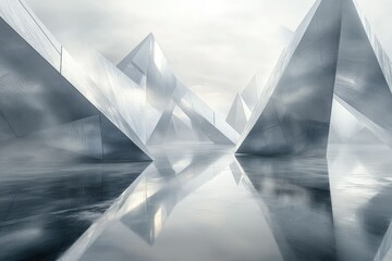 Fototapete - Abstract minimalist architecture, geometric shapes reflected in still water, futuristic design, serene atmosphere.