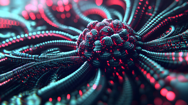 Close up of a red and black abstract object with a blurred background of green foliage
