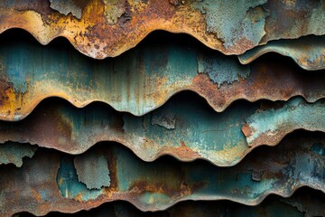 Poster - Layers of rusted corrugated metal showing texture, color, and age.
