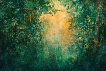 Wall Mural - enchanted forest scene, with golden light filtering through lush green foliage, creating a mystical 