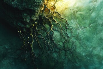Poster - Glowing roots of an ancient tree emerge from a dark, textured rock face, creating a mystical, ethereal scene.