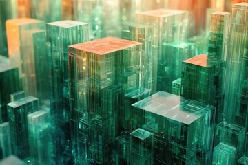 Leinwandbilder - Abstract city skyline composed of translucent green and orange glass cubes, futuristic and vibrant.