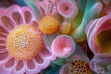 Poster - Intricate, vibrant microscopic structures resembling colorful flowers and coral, showcasing nature's artistry.