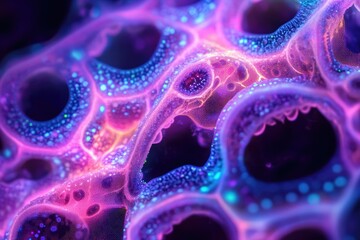 Poster - Microscopic view of vibrant, interconnected cells glowing with pink and blue hues, resembling a complex network.