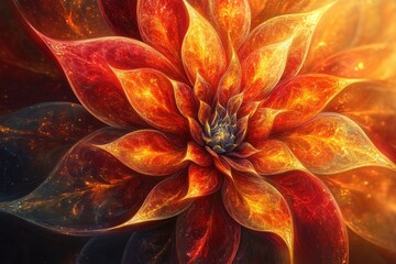 Aufkleber - Fiery fractal flower, vibrant orange and red petals, glowing with inner light.