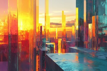Fototapete - Vibrant sunset over a futuristic city of colorful glass and steel skyscrapers.