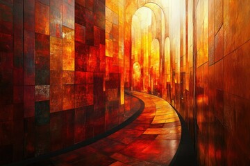 Poster - A fiery, abstract cityscape with a curving path, showcasing warm, textured walls and arched passageways.
