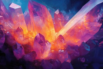 Aufkleber - Vibrant orange and purple crystals glowing intensely, a mesmerizing cluster in a dark space.