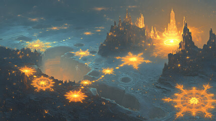 Wall Mural - fantasy cityscape featuring glowing fire elements and vibrant tulips in a surreal artistic rendering