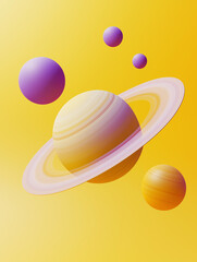 Poster - Saturn planet rotating with moons on yellow gradient background