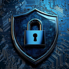 Fototapete - Padlock protecting digital data on motherboard, cybersecurity concept