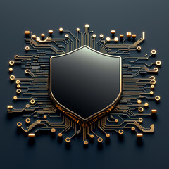 Fototapete - Black shield protecting golden circuit board on dark background