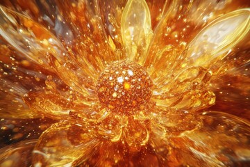 Poster - A radiant, golden flower-like structure composed of liquid, glistening with internal light and intricate details.
