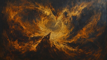 Wall Mural - painting of a black and orange nebula with abstract textures and cosmic elements in a surreal compos