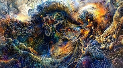 Wall Mural - digital painting of a woman with large head in a surreal cosmic landscape full of vibrant colors and