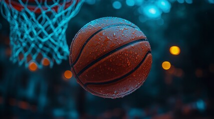 A basketball covered with rain drops falls toward the net