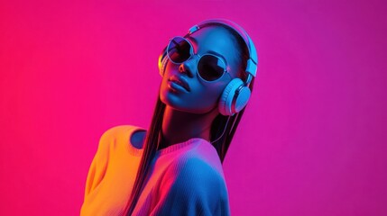 Modern and cool woman listening music on headphones with smiley and happy attitude on trendy color background