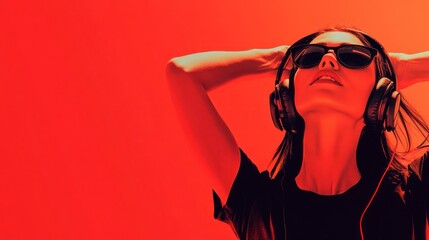 Modern and cool woman listening music on headphones with smiley and happy attitude on trendy color background