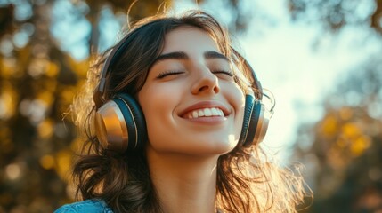 Modern and cool woman listening music on headphones with smiley and happy attitude on trendy color background