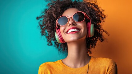 Wall Mural - Modern and cool woman listening music on headphones with smiley and happy attitude on trendy color background