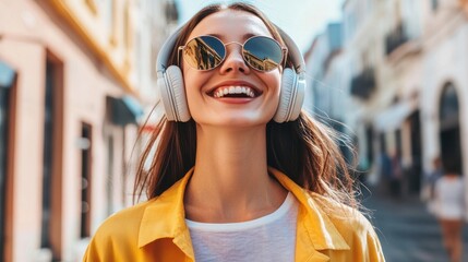 Wall Mural - Modern and cool woman listening music on headphones with smiley and happy attitude on trendy color background