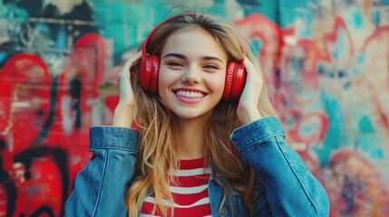 Wall Mural - Modern and cool woman listening music on headphones with smiley and happy attitude on trendy color background