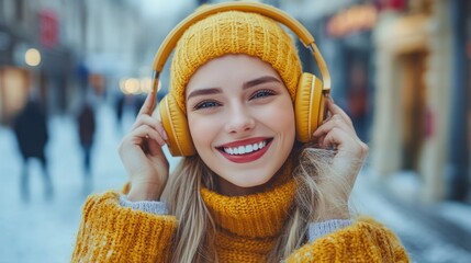 Wall Mural - Modern and cool woman listening music on headphones with smiley and happy attitude on trendy color background