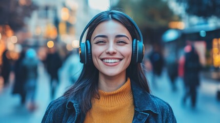 Wall Mural - Modern and cool woman listening music on headphones with smiley and happy attitude on trendy color background