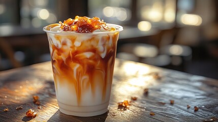 Wall Mural - A cool iced caramel macchiato in a plastic cup with swirls of milk, coffee, and caramel