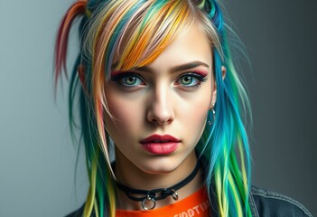 Sticker - Portrait of a young woman with rainbow-dyed hair and edgy makeup