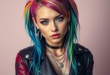 Sticker - Vibrant young woman with rainbow-dyed hair and edgy makeup