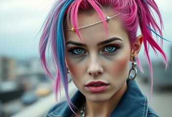 Sticker - Edgy young woman with rainbow-dyed hair and piercings