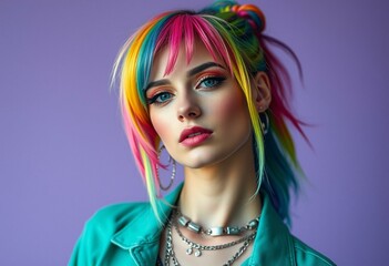 Sticker - Edgy female portrait with rainbow hair and bold makeup