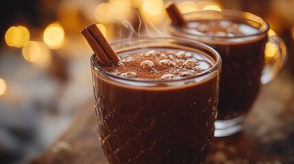 Wall Mural - Three transparent cups of varying sizes are filled with boiling hot chocolate. A cinnamon stick is used to decorate each glass.