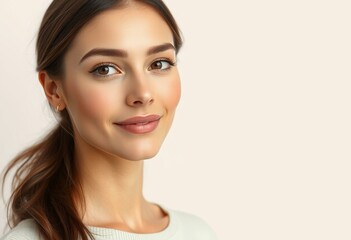 Wall Mural - Photorealistic portrait of a female person with neutral makeup and plain background