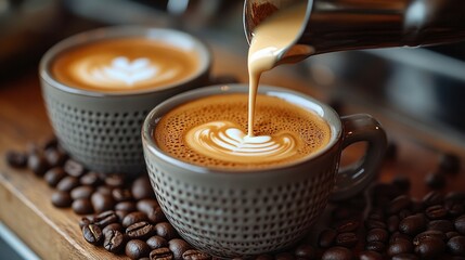 Wall Mural - Milk-themed, savory cappuccino cups. The barista makes coffee by mixing espresso with hot milk. On a wooden cafe table, the barista pours the latte in a cup with coffee beans.