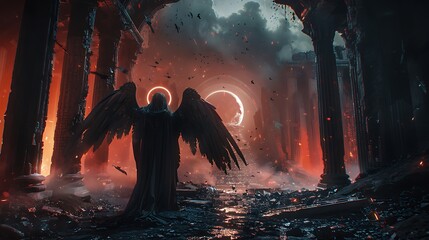 A sorrowful fallen angel with broken wings, dressed in dark celestial robes, a glowing black halo above their head, standing in a ruined temple under a blood-red sky, a mix of divinity and darkness, 