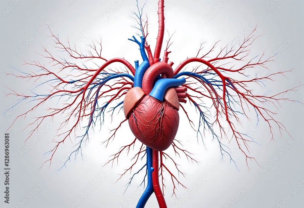 Detailed 3D illustration of the human heart with arteries and veins ...