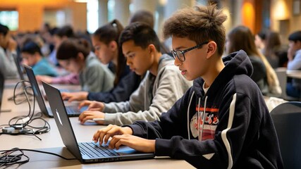 Students collaborate in a computer lab focused on coding assignments during a busy afternoon session in a modern educational facility