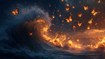 Wall Mural - A tsunami breaking apart, releasing glowing butterflies that ascend into the sky