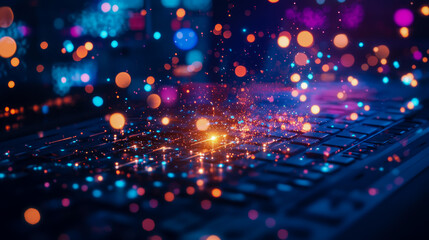 Keyboard Data Stream: A vibrant digital network concept with sparkling connections and flowing information across the keyboard