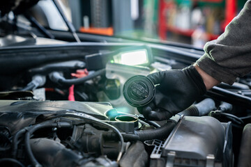 Poster - Serviceman checks the oil level in a car engine