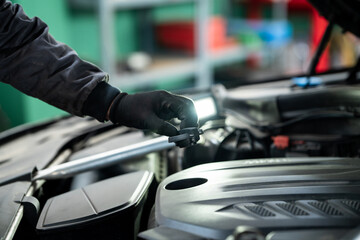Poster - Serviceman checks the oil level in a car engine