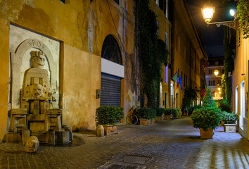 Wall Mural - night view of old narrow street with ancient fountain in rome, italy. architecture and landmark of r