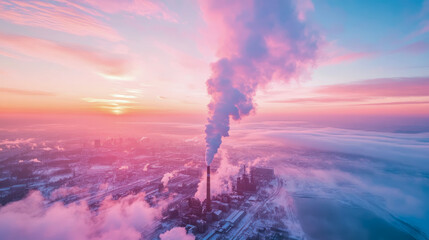 Wall Mural - Industrial Dusk: Chimneys Cloud Amidst Hues of Dawn