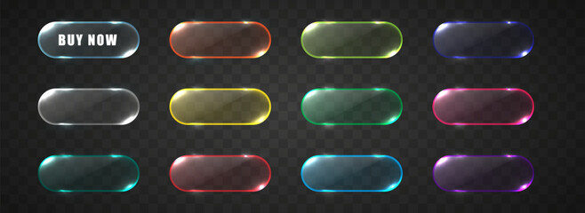 Transparent glass buttons color set. Web banners rectangle clear glossy icon. Crystal bars isolated on dark background.