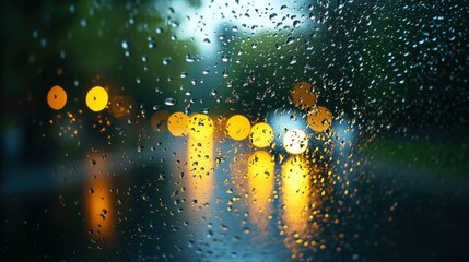 Wall Mural - When it rains, water droplets gather on the automobile window. These droplets are the result of condensation, which happens when water vapor in the air cools and turns into liquid.